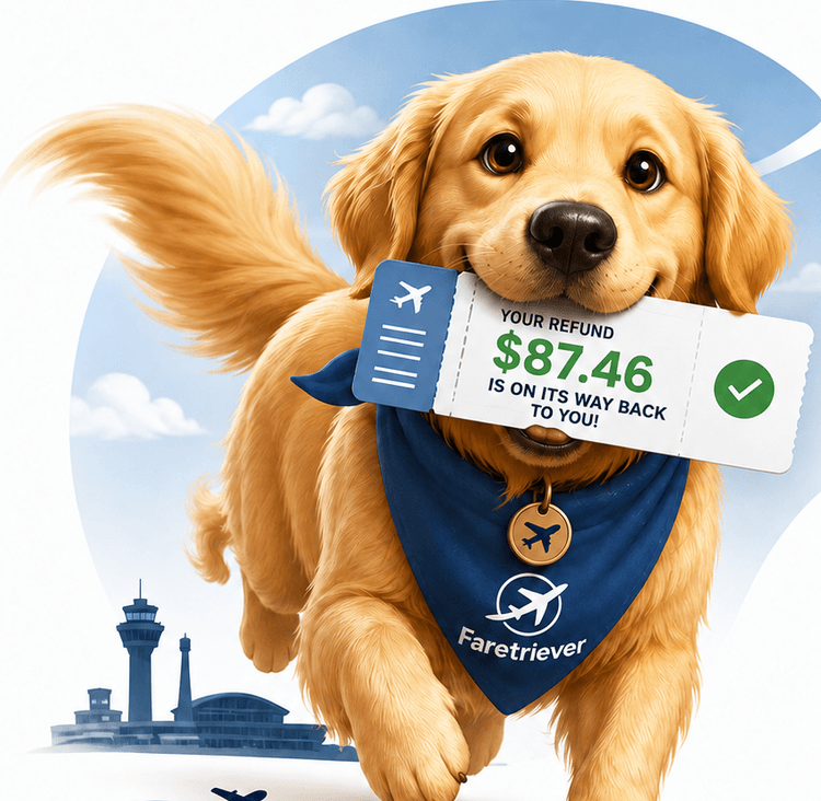 A golden retriever trotting towards you with a boarding pass in its mouth, wearing a Faretriever bandana